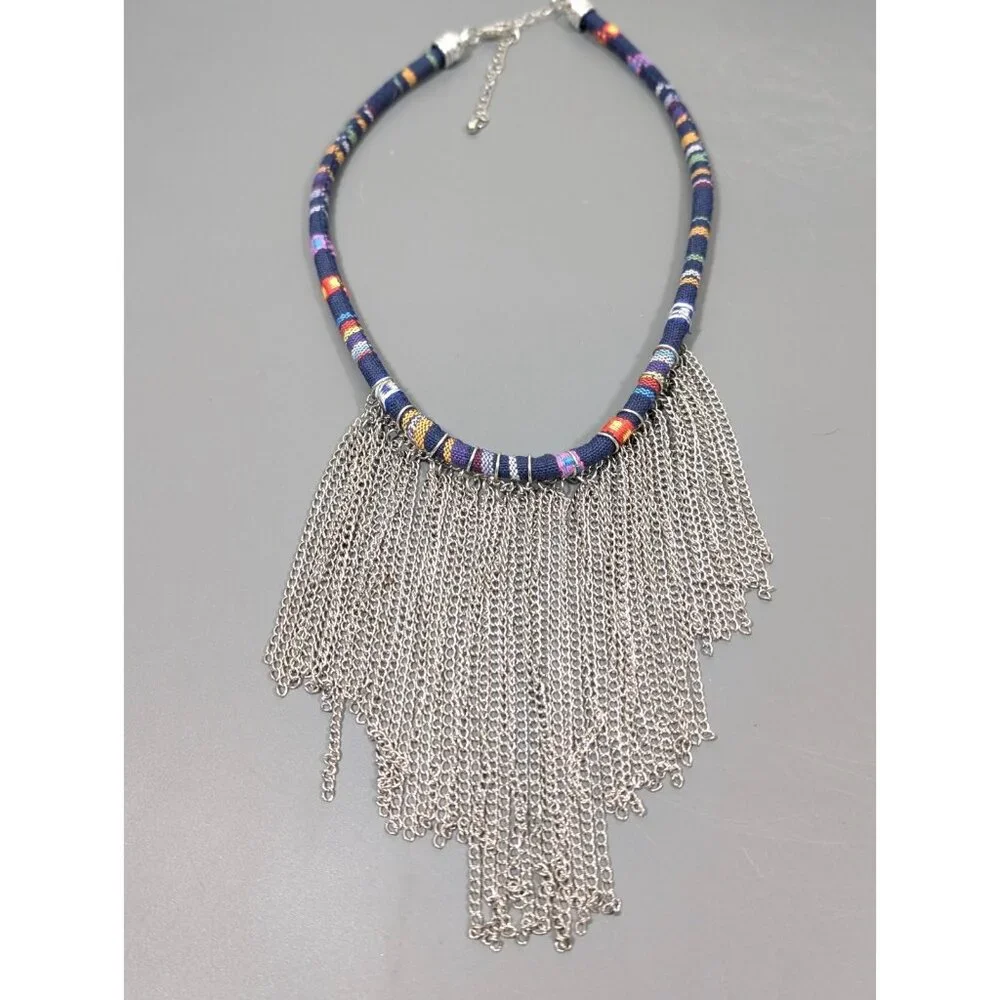 Boho Fringe Necklace Tribal Fabric Cord Waterfall  Chain‎ Statement Festival 23